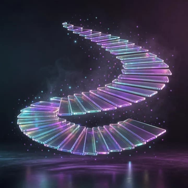 Translucent contact cards fanned out in a glowing spiral