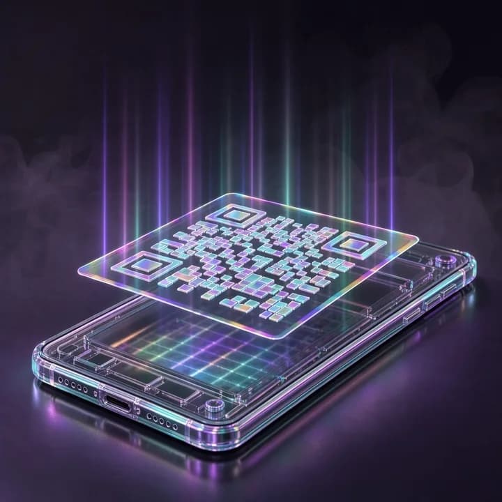 A holographic QR code projected above a glass phone