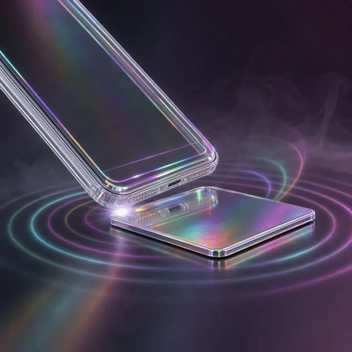 A phone tapping a glowing NFC card, light rippling outward